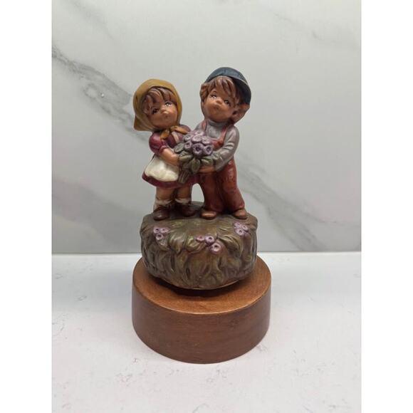 Vintage Hummel Style Louise Girl Boy Flowers Wind Up Rotating Musical Figurine - Picture 1 of 4